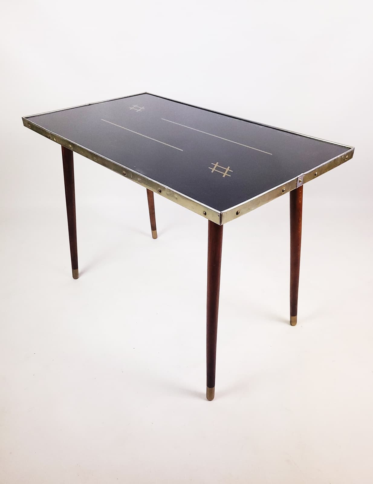 Coffee table, black top, brown wood, gold brass, 1960s. - 346234