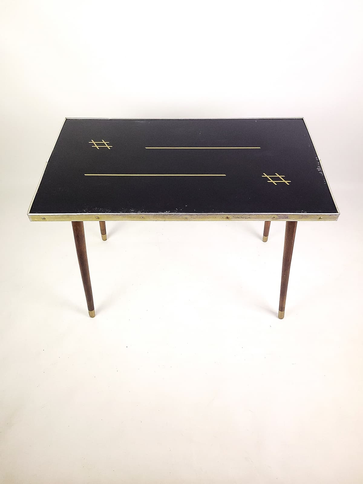 Coffee table, black top, brown wood, gold brass, 1960s. - 346236