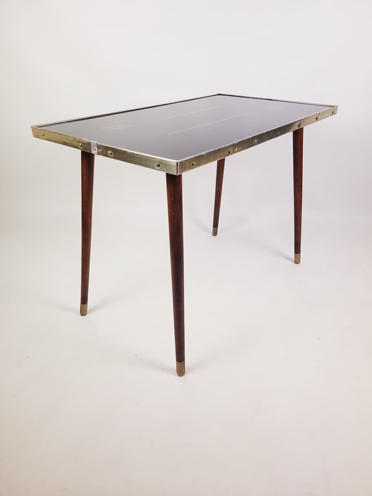 Coffee table, black top, brown wood, gold brass, 1960s. - 346233