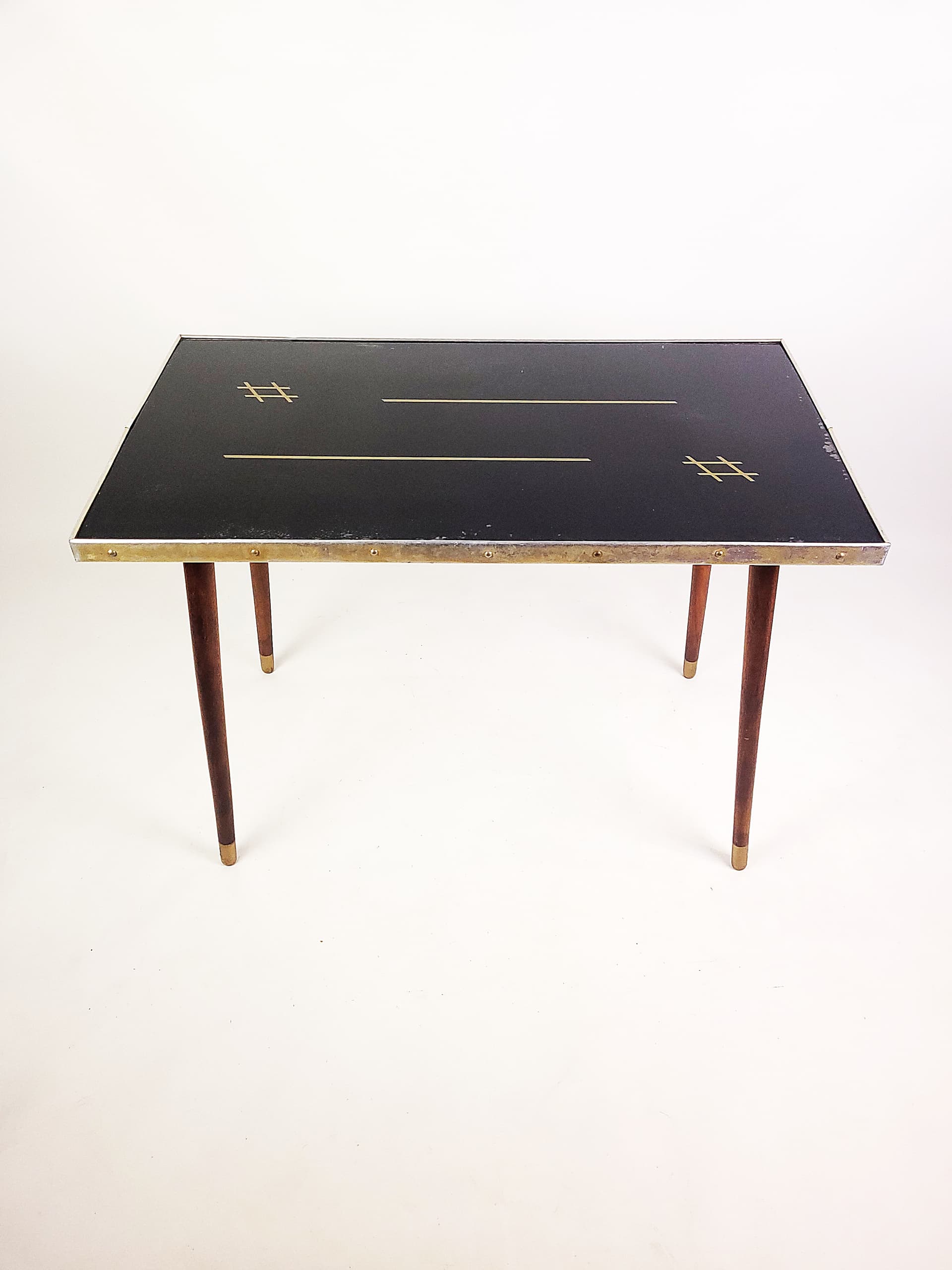 Coffee table, black top, brown wood, gold brass, 1960s. - 346240