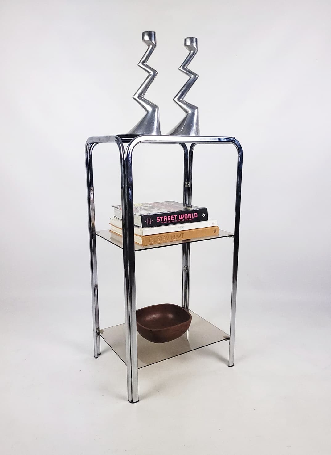 Shelving unit, chrome, smoked glass, 1970s. - 346257
