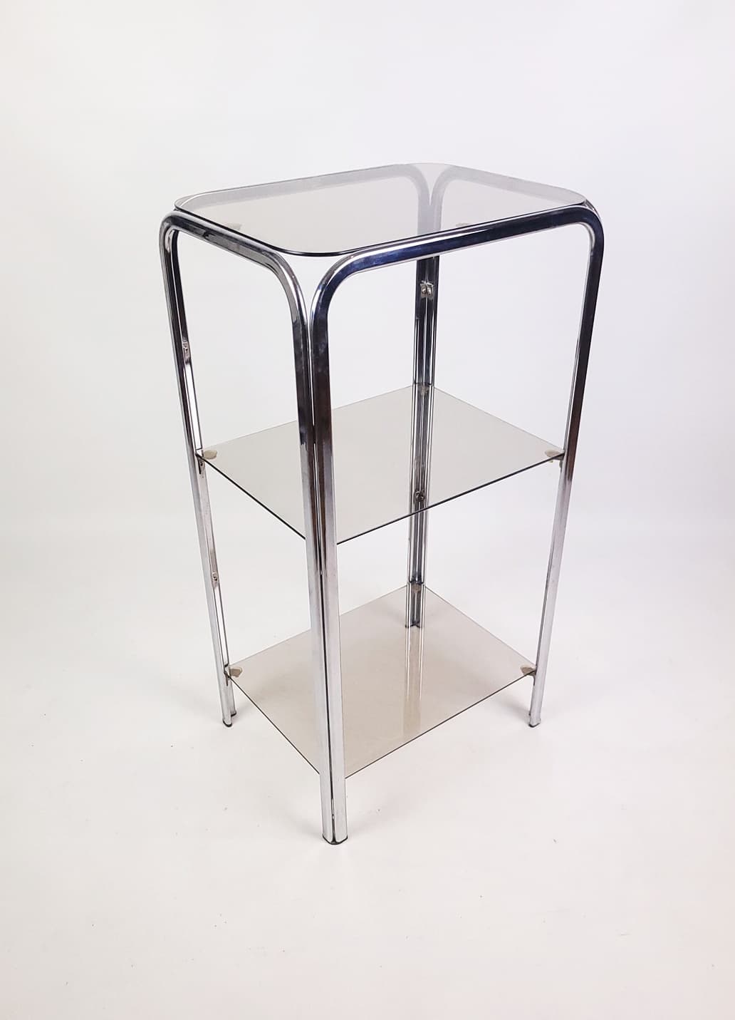 Shelving unit, chrome, smoked glass, 1970s. - 346251