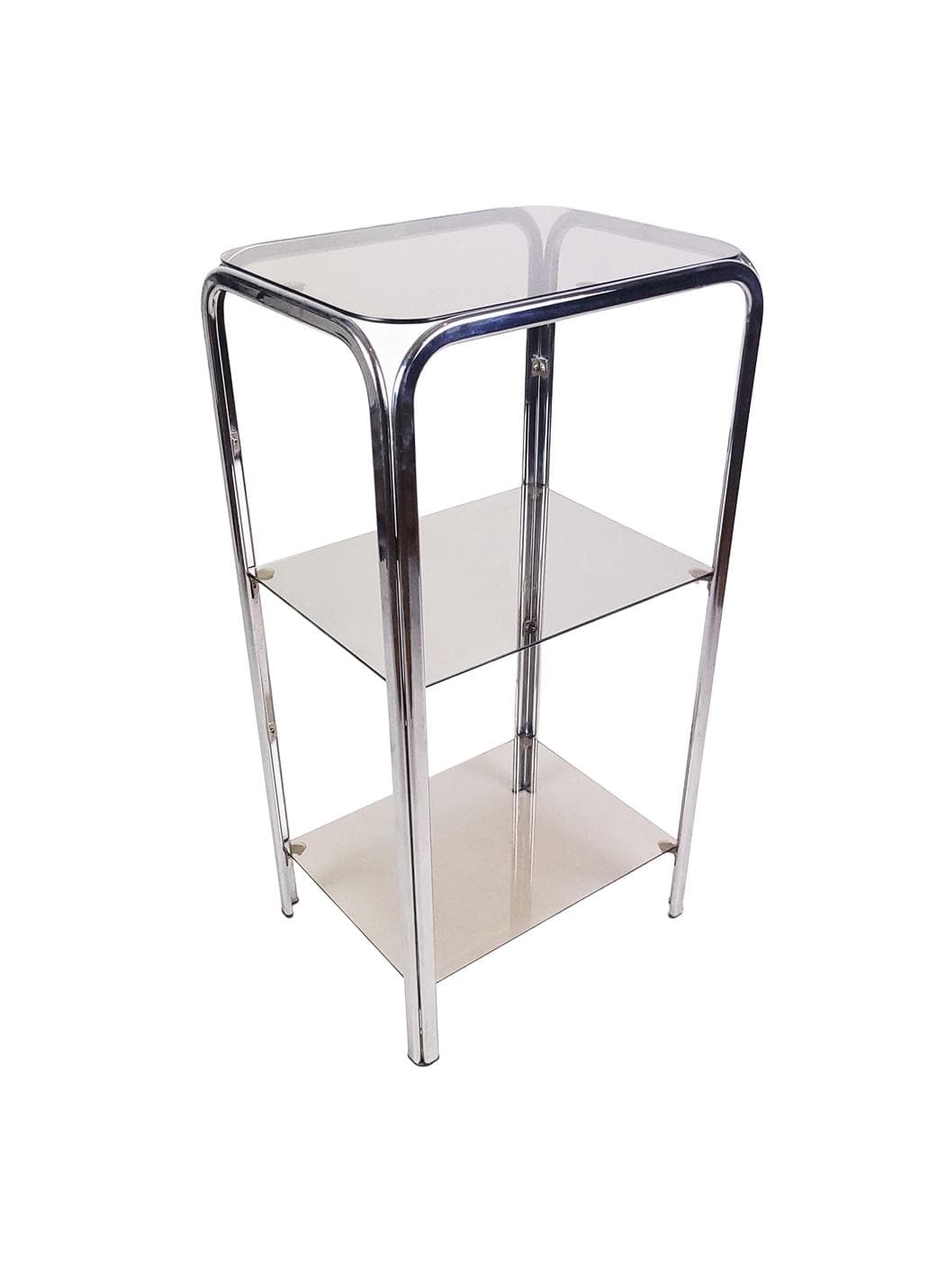 Shelving unit, chrome, smoked glass, 1970s.