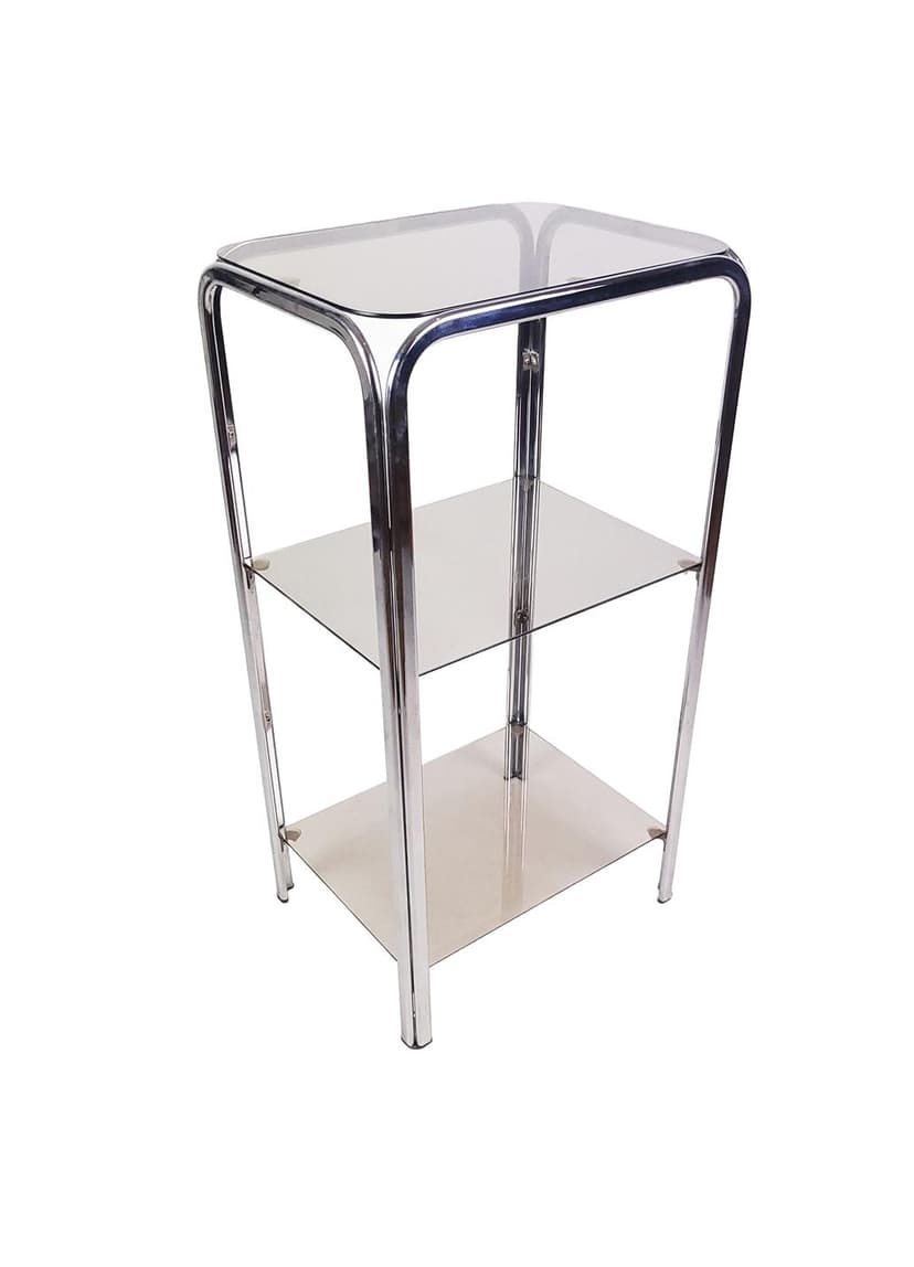 Shelving unit, chrome, smoked glass, 1970s.
