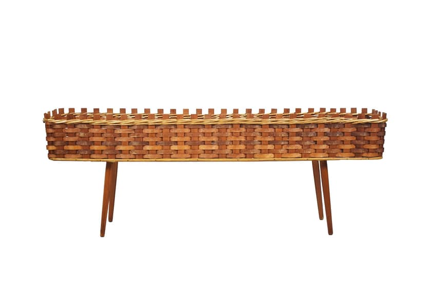 Freestanding planter, brown, wicker, wood, 1970s.
