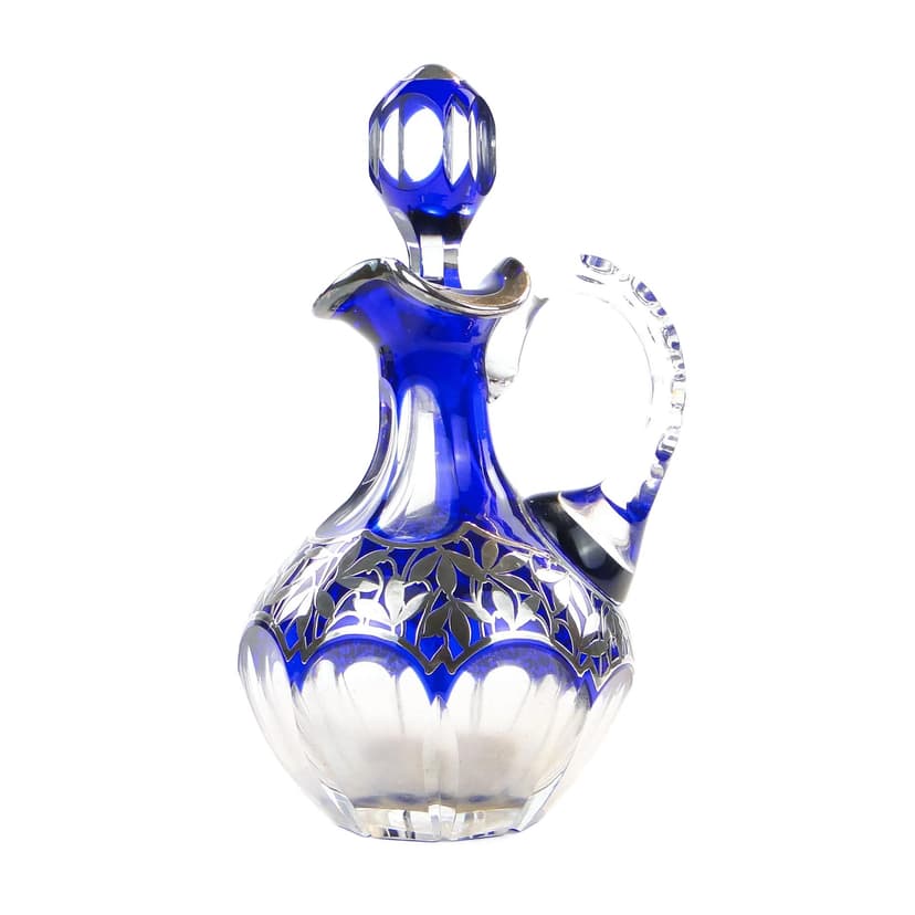 Decanter, clear indigo crystal glass, silver, by S. Haertl, Poland, 1940s