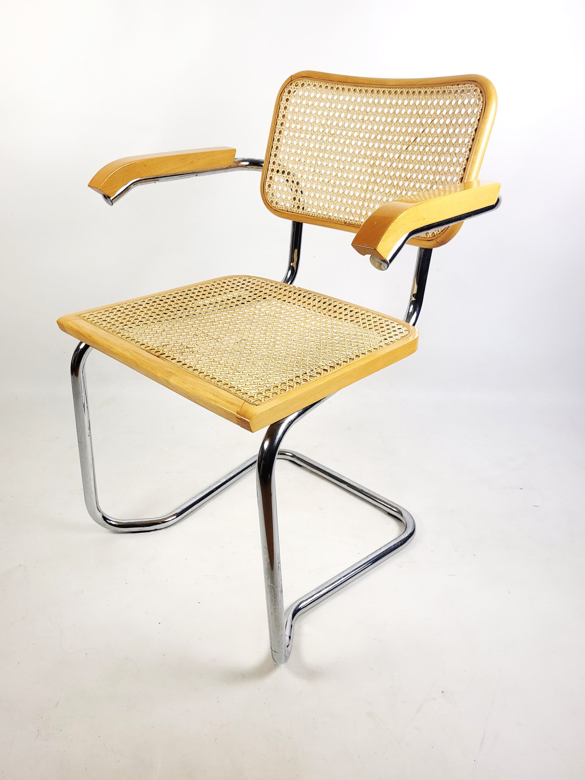 Pair of chairs, beige rattan, brown wood, silver chrome steel, Italy, 1970s. - 346323