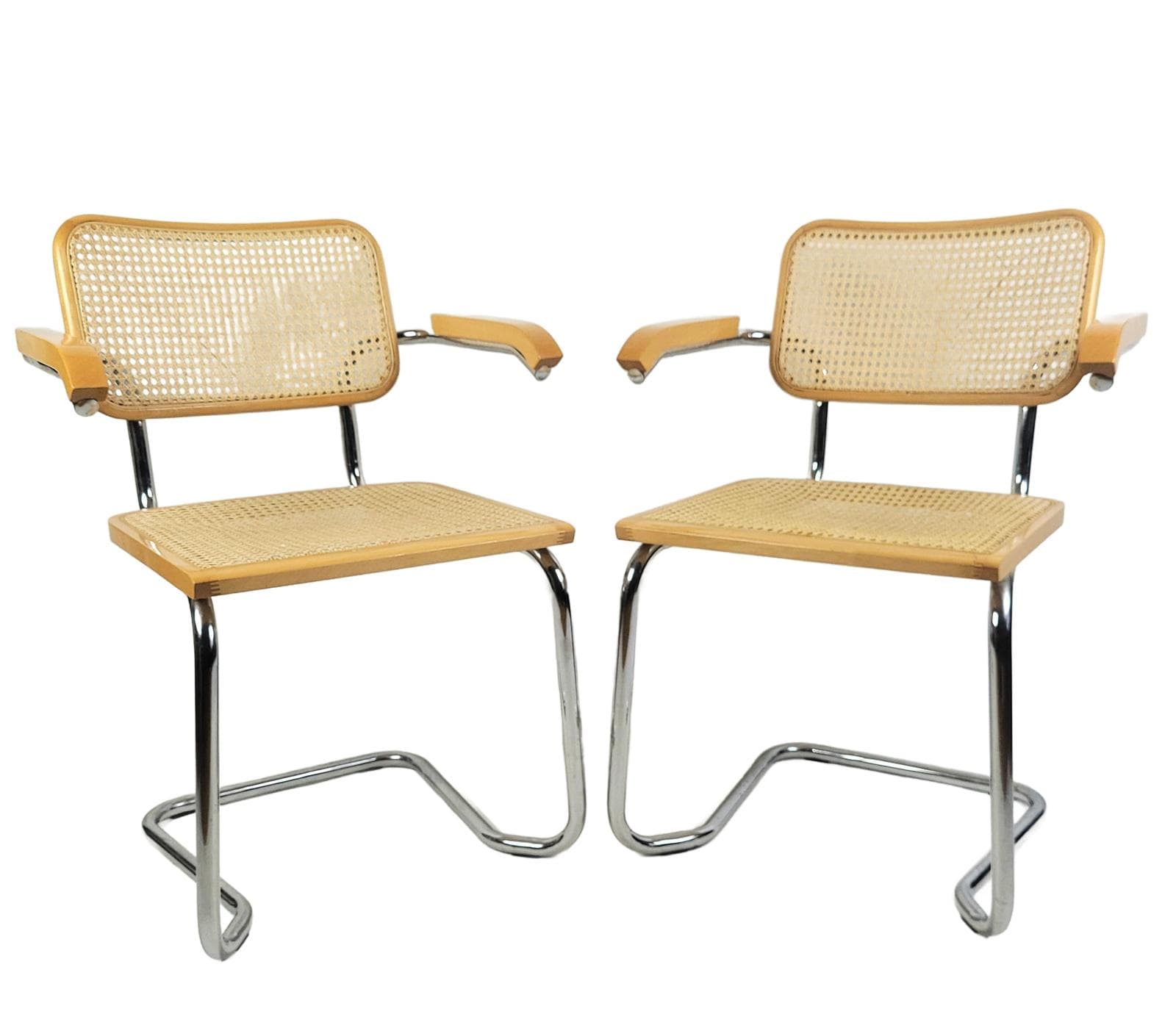 Pair of chairs, beige rattan, brown wood, silver chrome steel, Italy, 1970s.