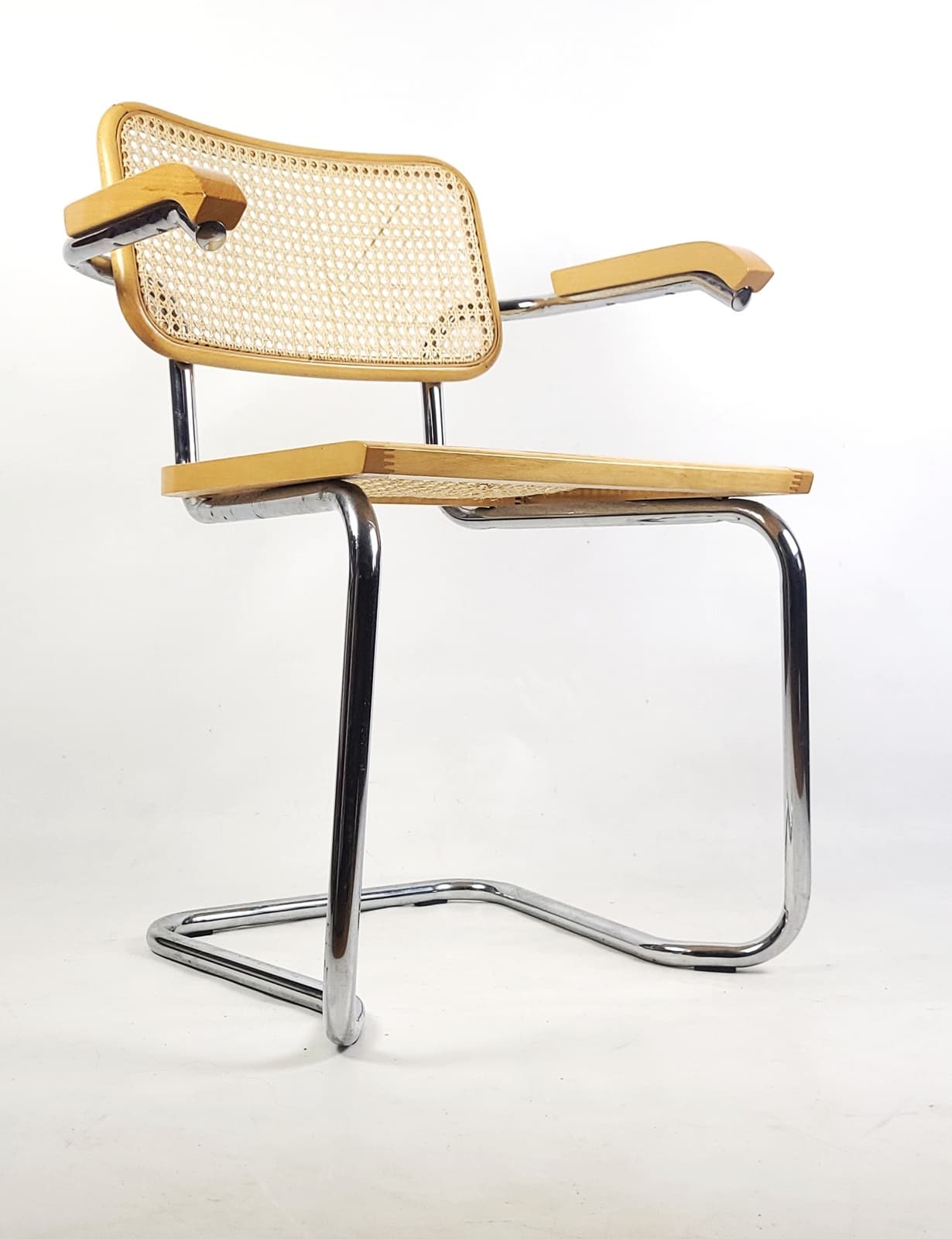 Pair of chairs, beige rattan, brown wood, silver chrome steel, Italy, 1970s. - 346316