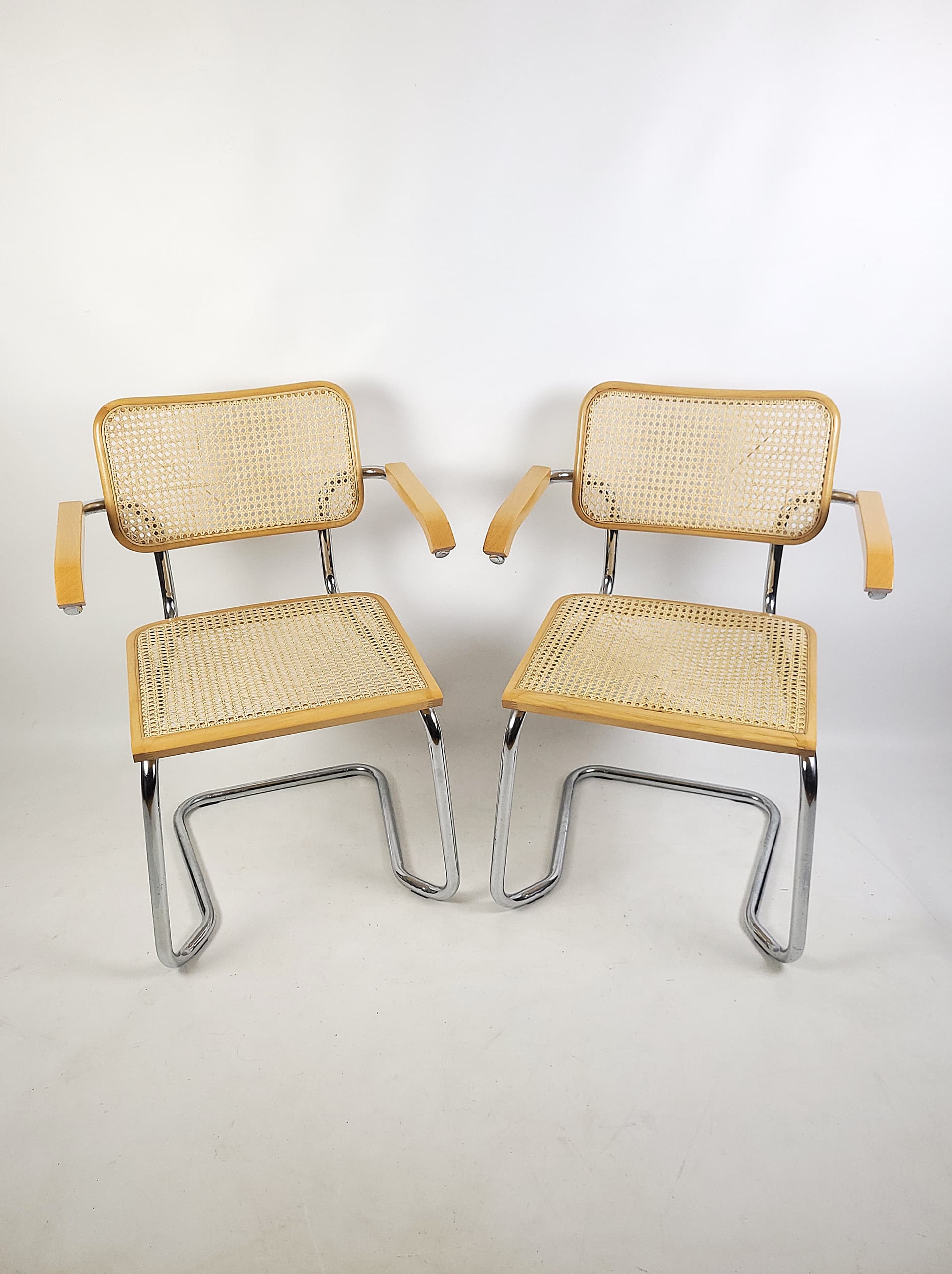 Pair of chairs, beige rattan, brown wood, silver chrome steel, Italy, 1970s. - 346324