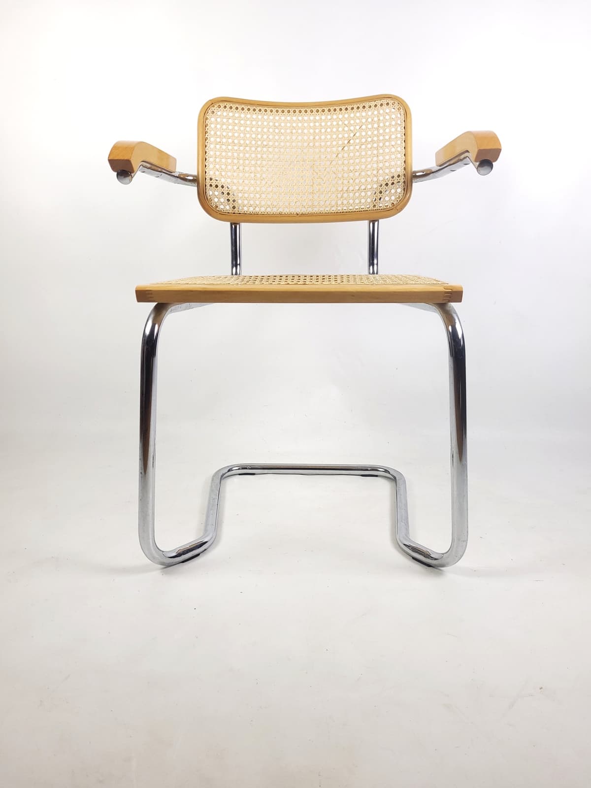 Pair of chairs, beige rattan, brown wood, silver chrome steel, Italy, 1970s. - 346315