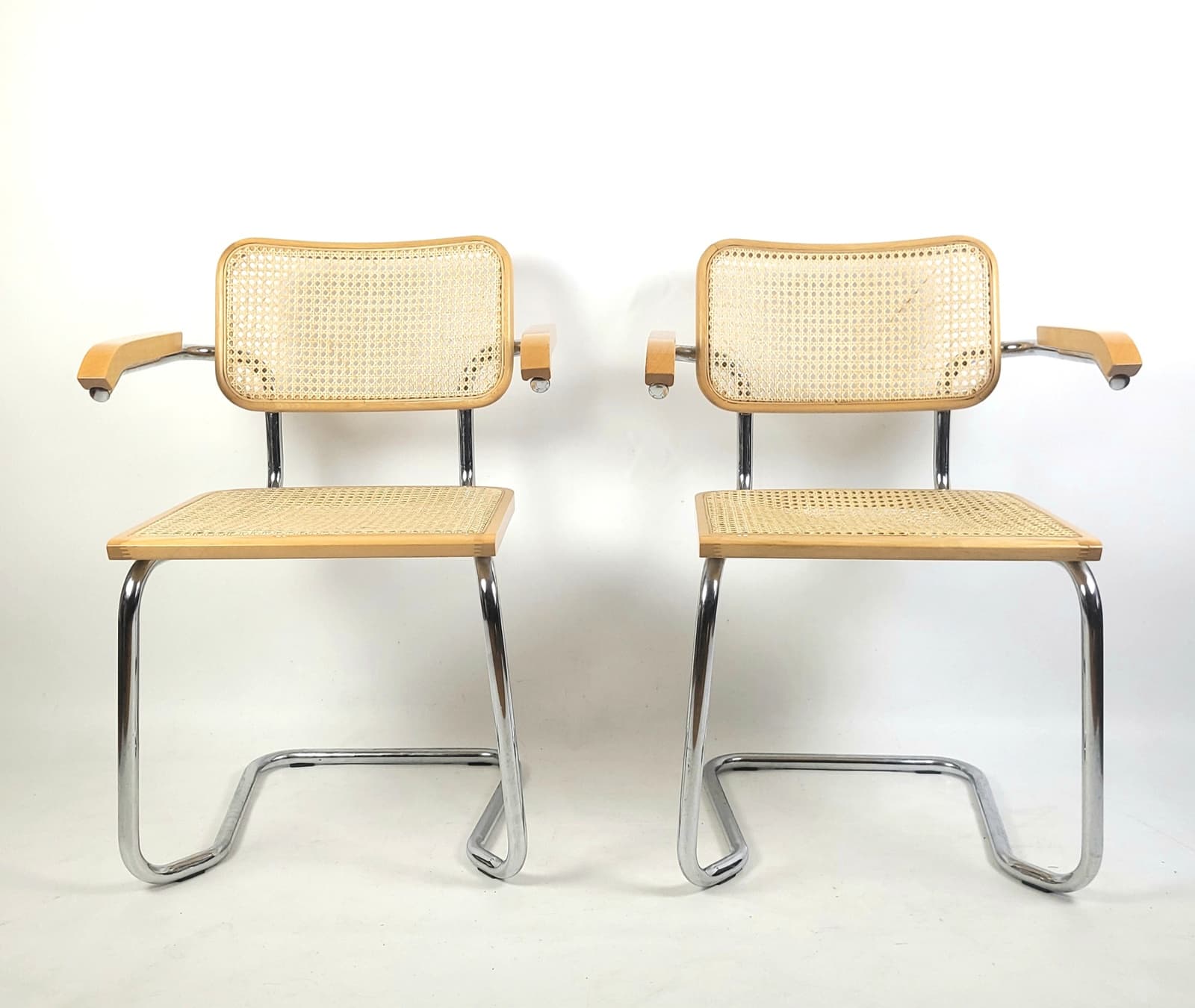 Pair of chairs, beige rattan, brown wood, silver chrome steel, Italy, 1970s. - 346321