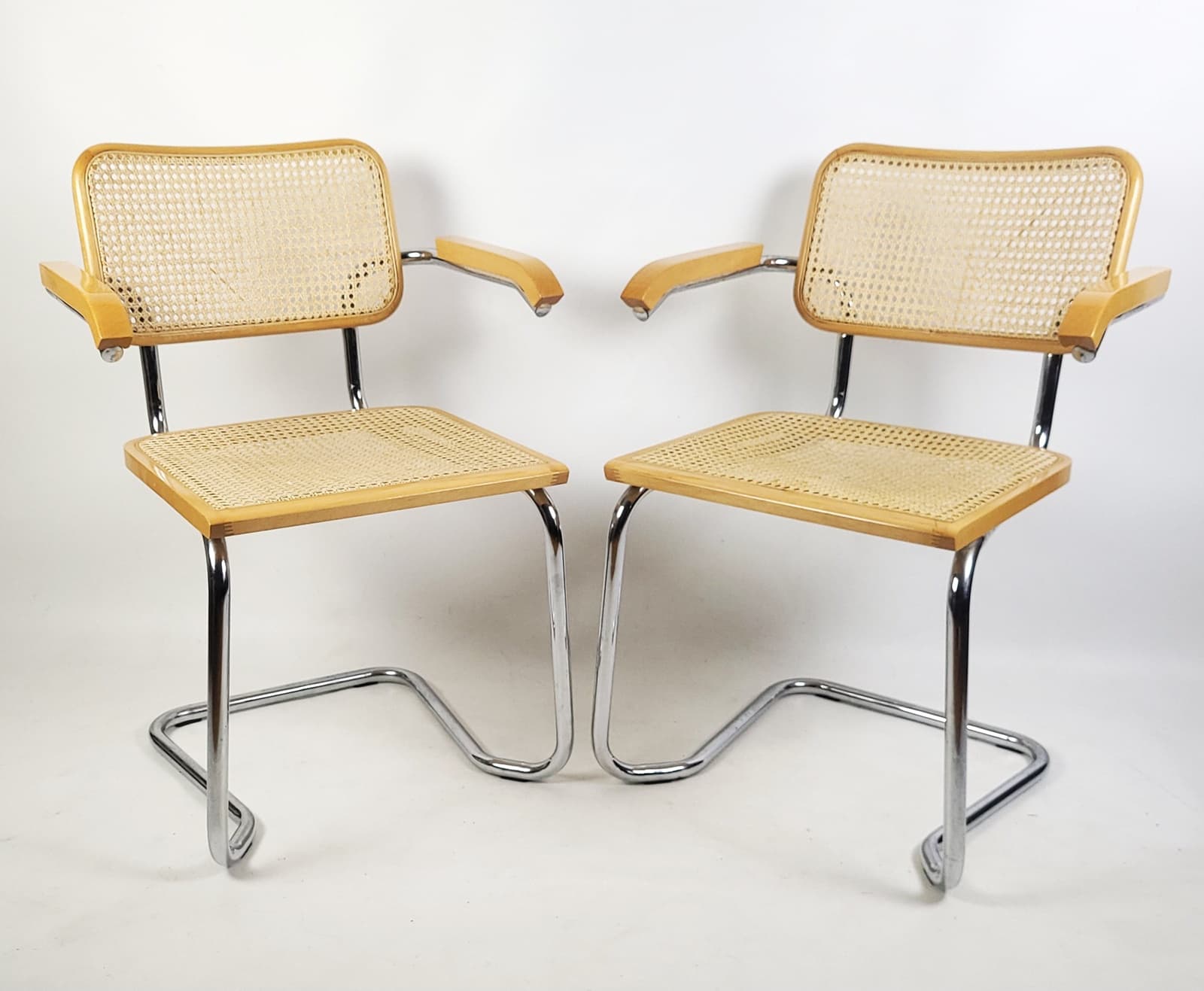 Pair of chairs, beige rattan, brown wood, silver chrome steel, Italy, 1970s. - 346318