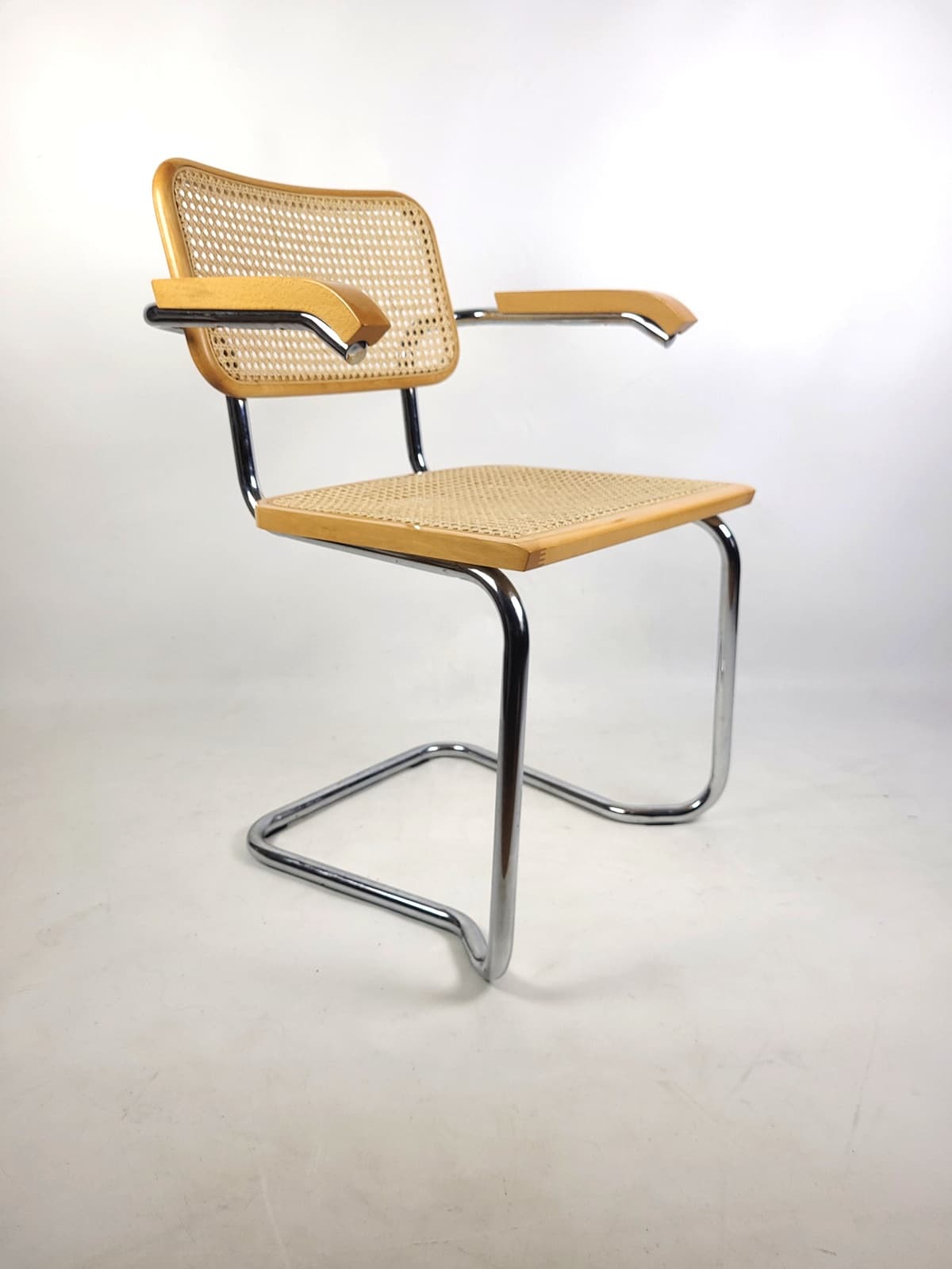 Pair of chairs, beige rattan, brown wood, silver chrome steel, Italy, 1970s. - 346317