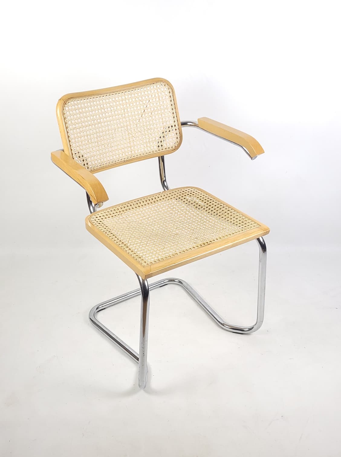 Pair of chairs, beige rattan, brown wood, silver chrome steel, Italy, 1970s. - 346312