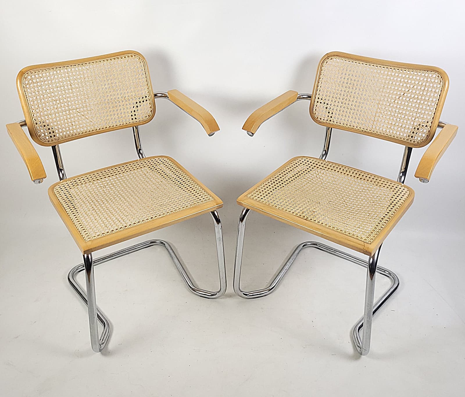 Pair of chairs, beige rattan, brown wood, silver chrome steel, Italy, 1970s. - 346322