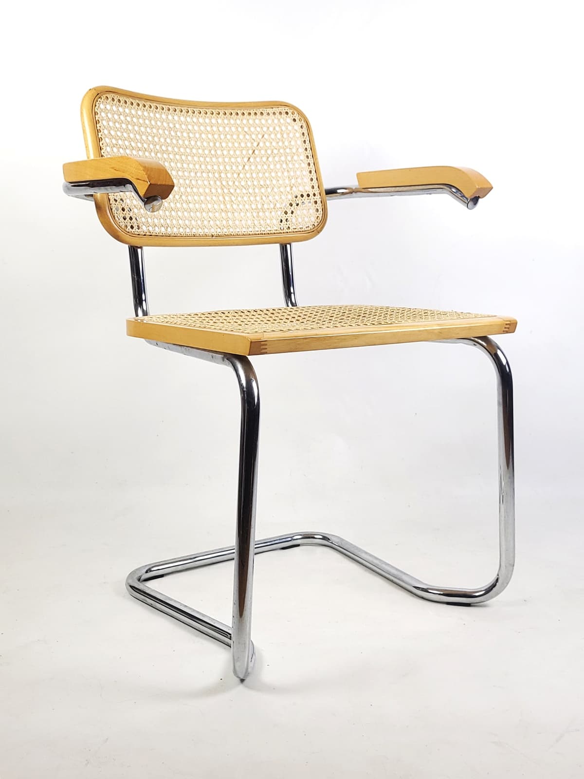 Pair of chairs, beige rattan, brown wood, silver chrome steel, Italy, 1970s. - 346313