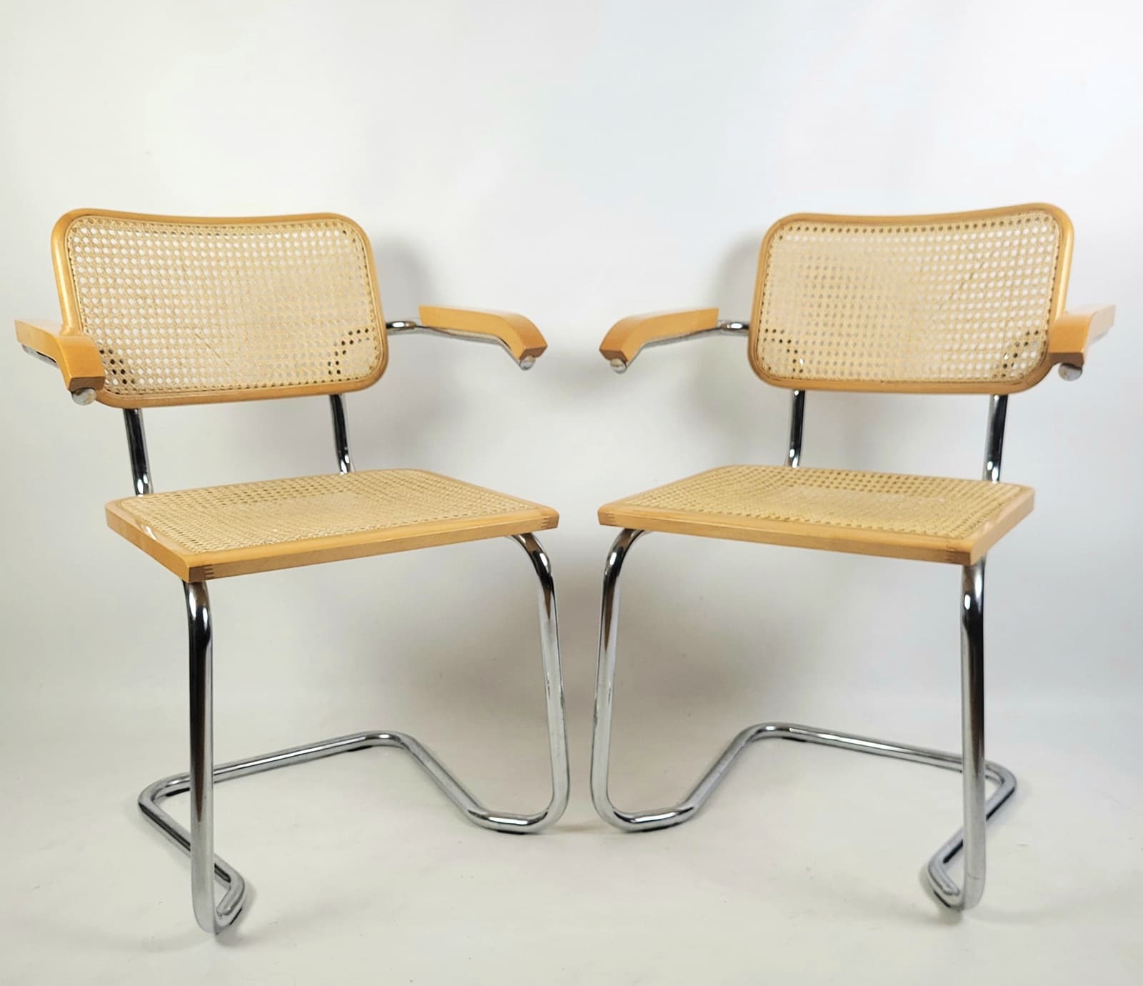 Pair of chairs, beige rattan, brown wood, silver chrome steel, Italy, 1970s. - 346320