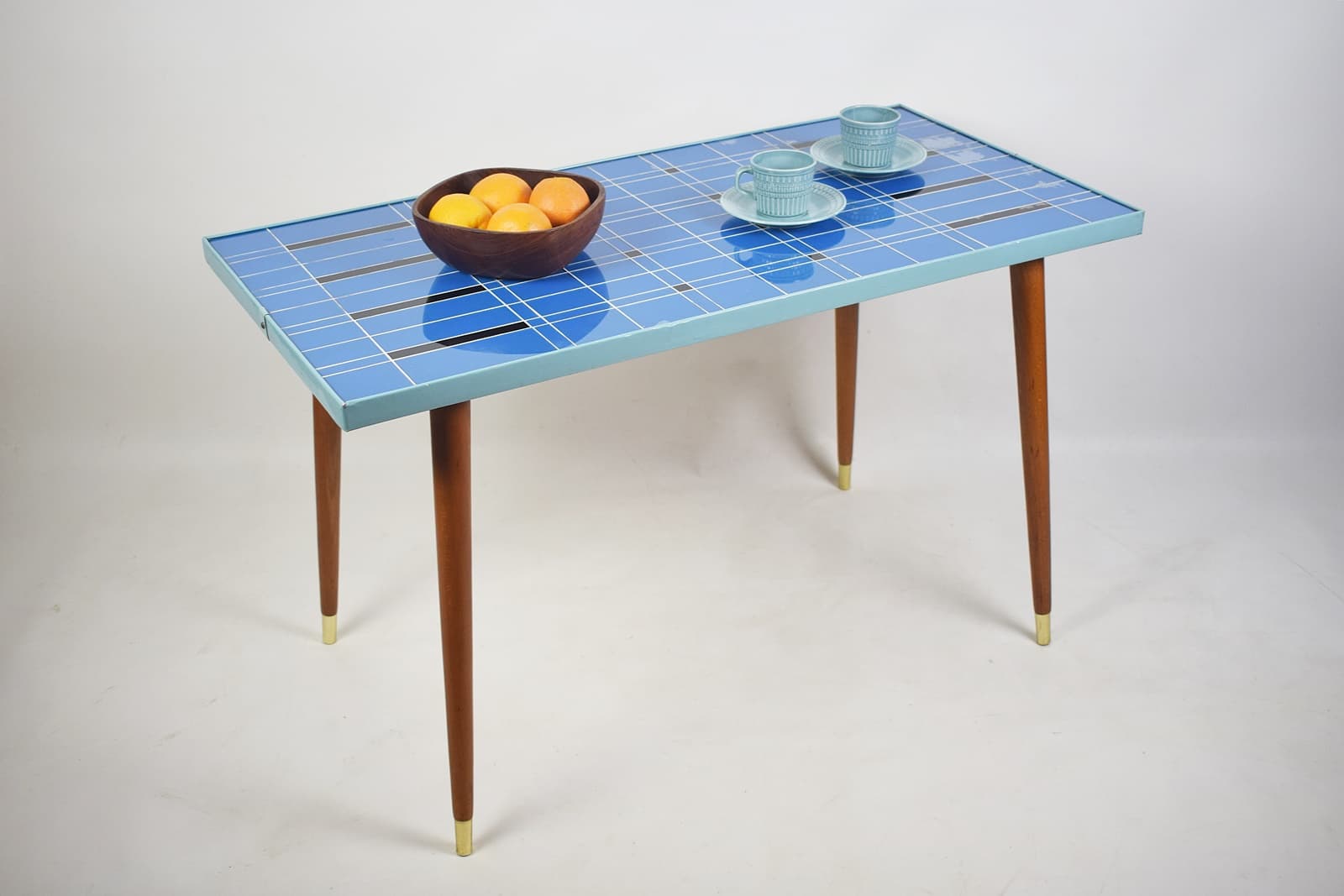 Coffee Table Rockabilly, blue glass, brown wood, 1970s - 346339