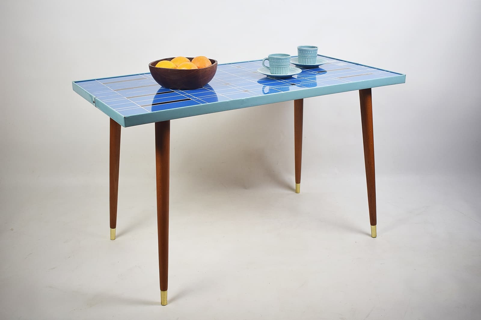 Coffee Table Rockabilly, blue glass, brown wood, 1970s - 346338