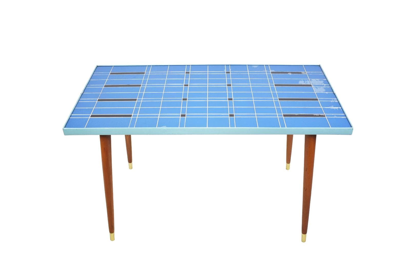 Coffee Table Rockabilly, blue glass, brown wood, 1970s