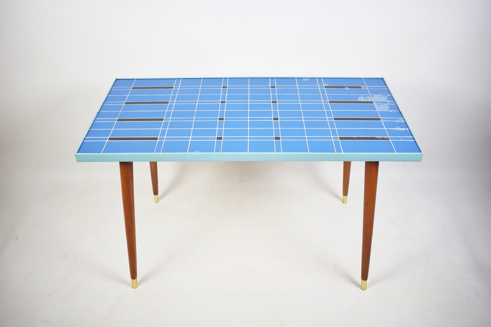 Coffee Table Rockabilly, blue glass, brown wood, 1970s - 346342