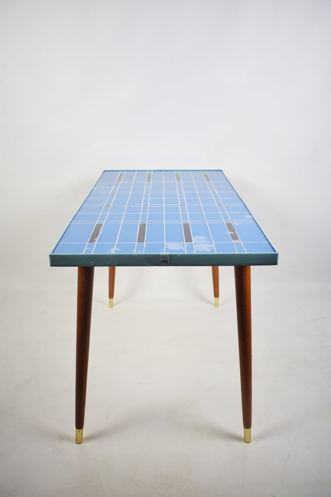 Coffee Table Rockabilly, blue glass, brown wood, 1970s - 346340