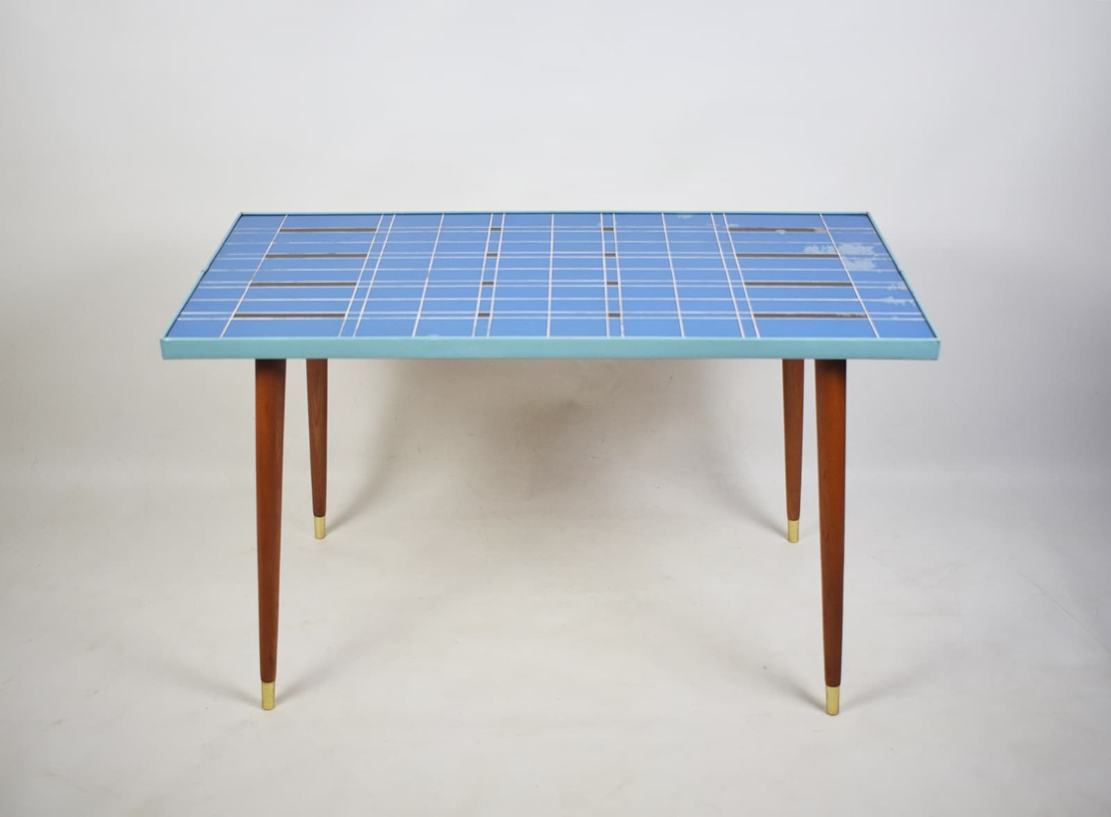 Coffee Table Rockabilly, blue glass, brown wood, 1970s - 346341