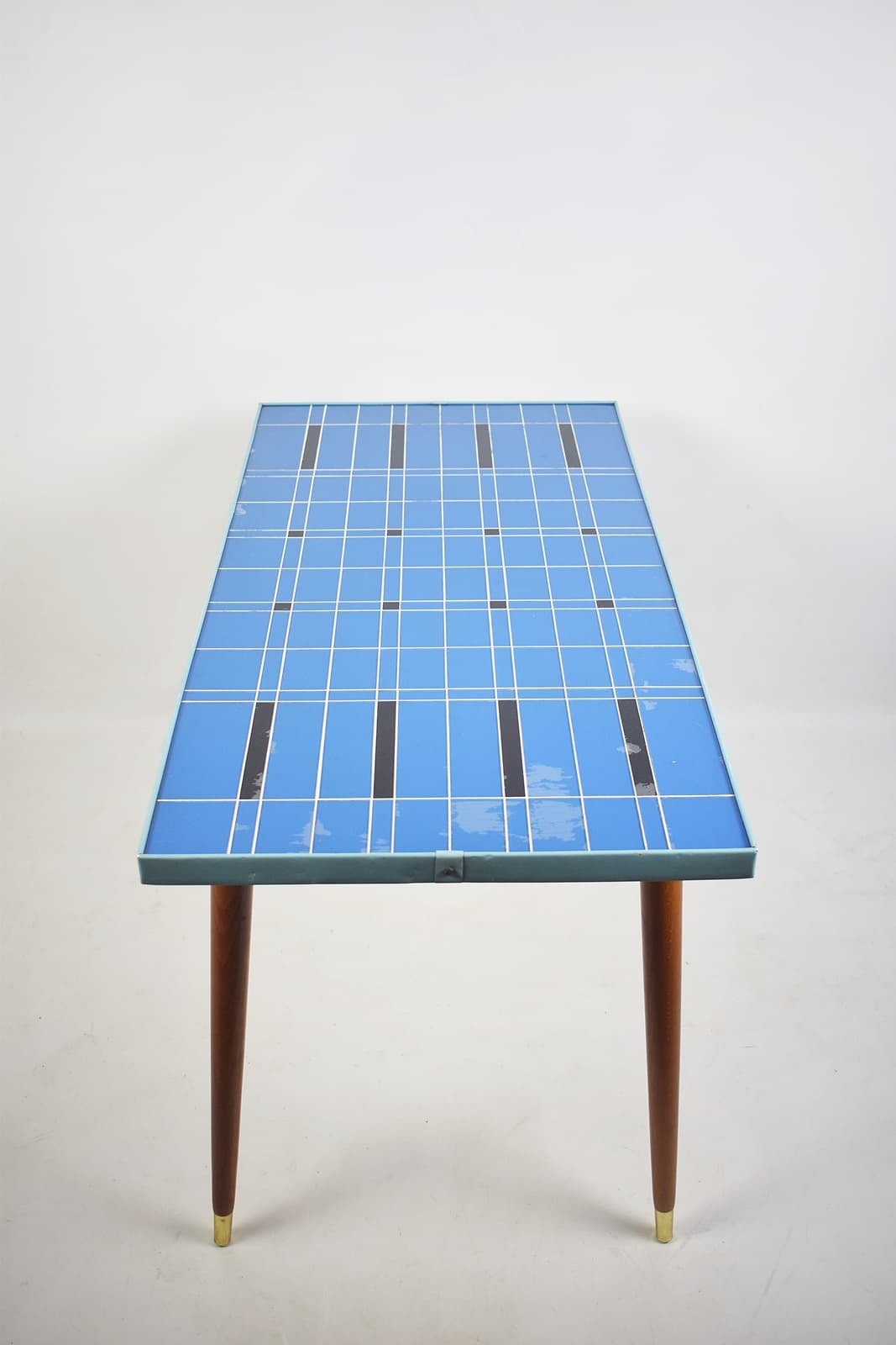 Coffee Table Rockabilly, blue glass, brown wood, 1970s - 346343