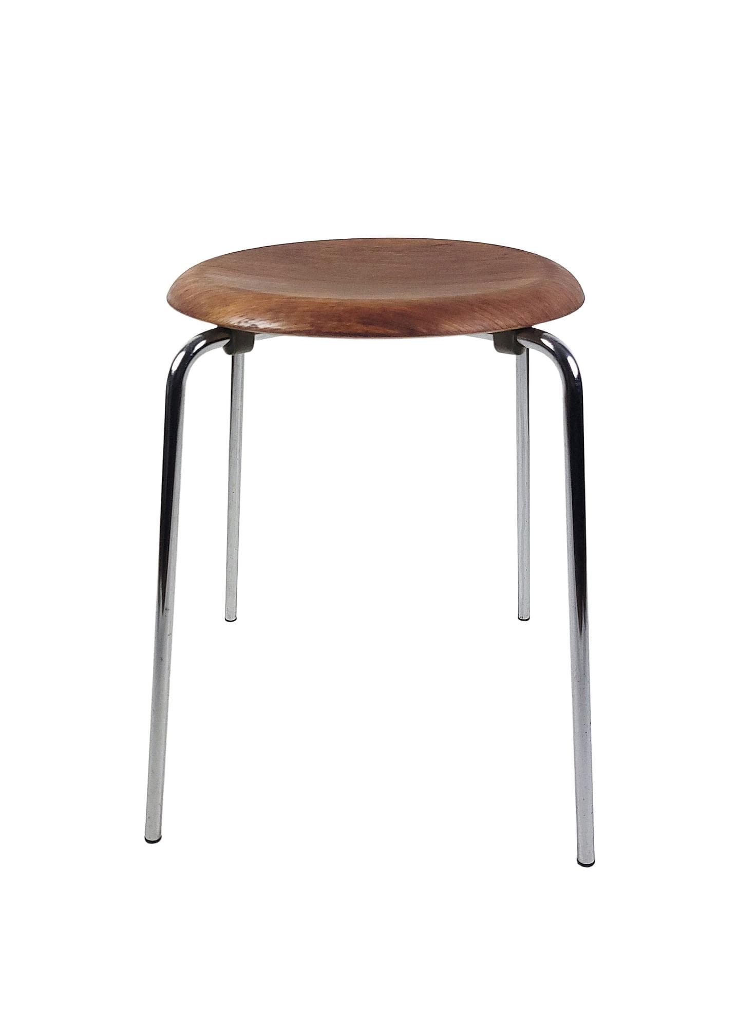 Stool Dot, brown plywood, chrome steel, by A. Jacobsen, Fritz Hansen, Denmark, 1970s.