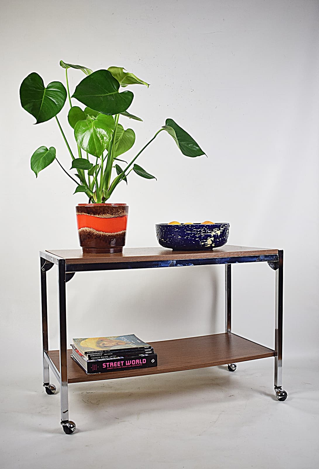 Side table, brown wood, silver chrome, 1970s - 346368