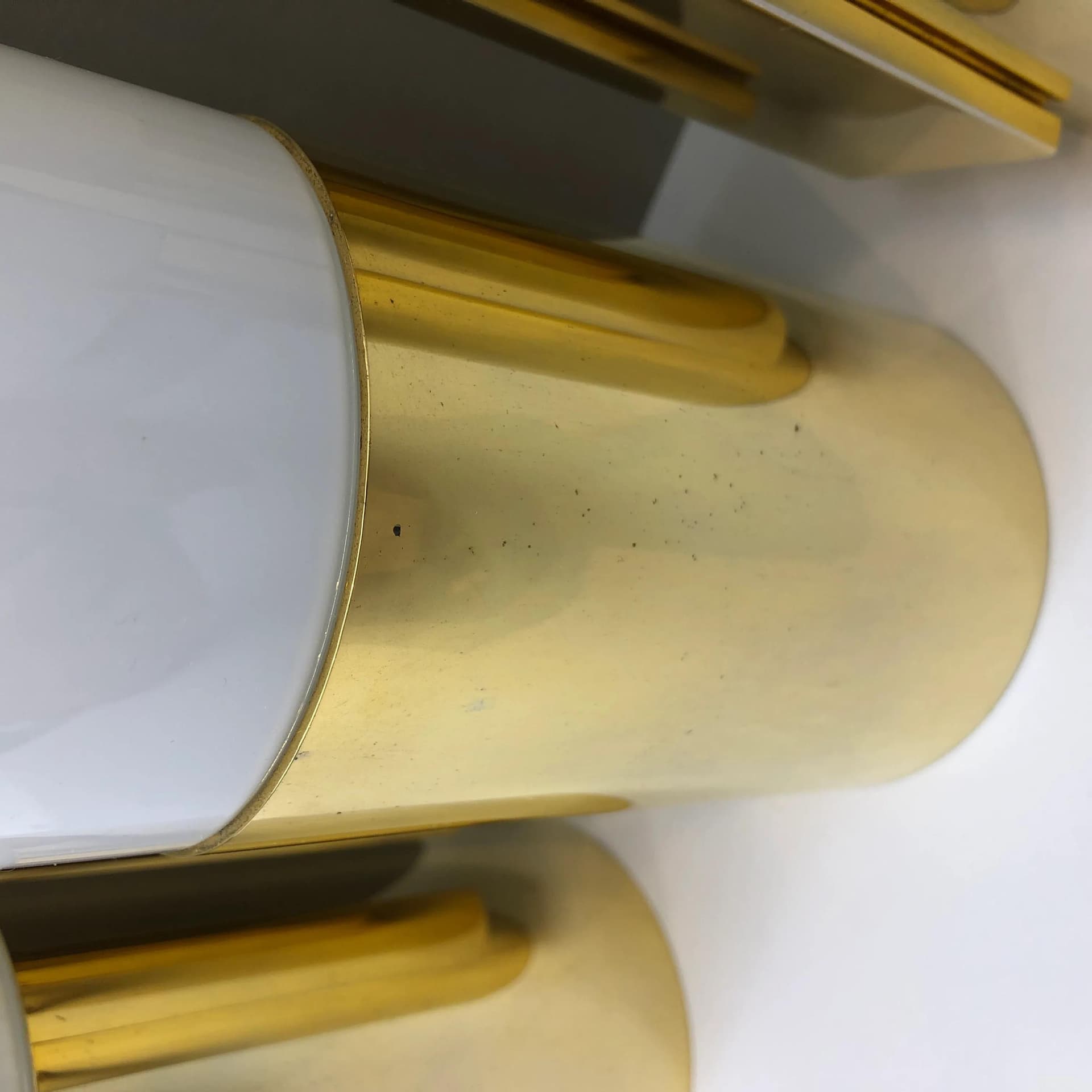 Set of wall sconces 7235, golden aluminum, opaline glass, Glashütte Limburg, Germany, 1990s. - 25753