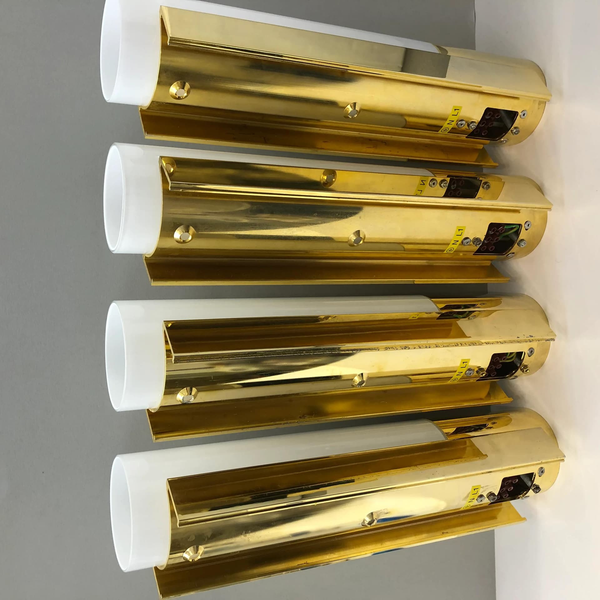 Set of wall sconces 7235, golden aluminum, opaline glass, Glashütte Limburg, Germany, 1990s. - 25755