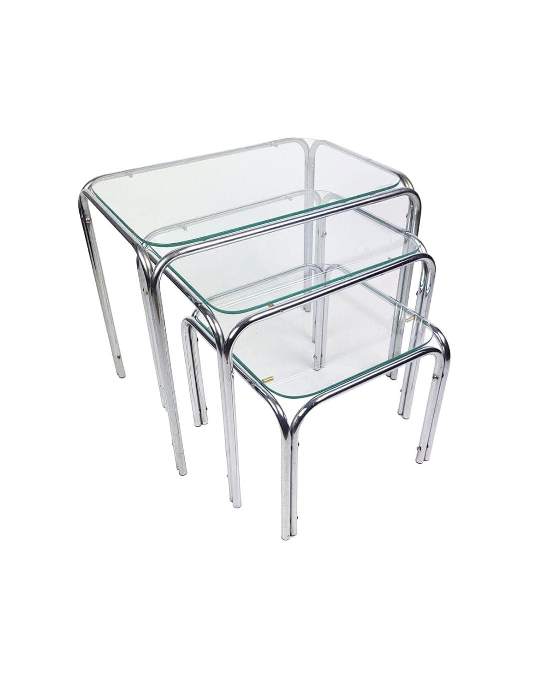Set of three nesting tables, chromed steel, clear glass, 1970s