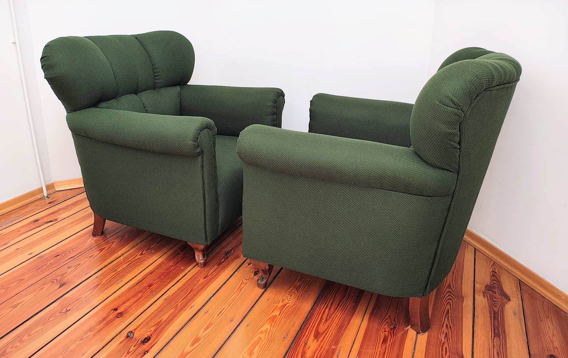 Pair of armchairs, bottle green fabric, brown wood, Czechoslovakia, 1960s. - 346437