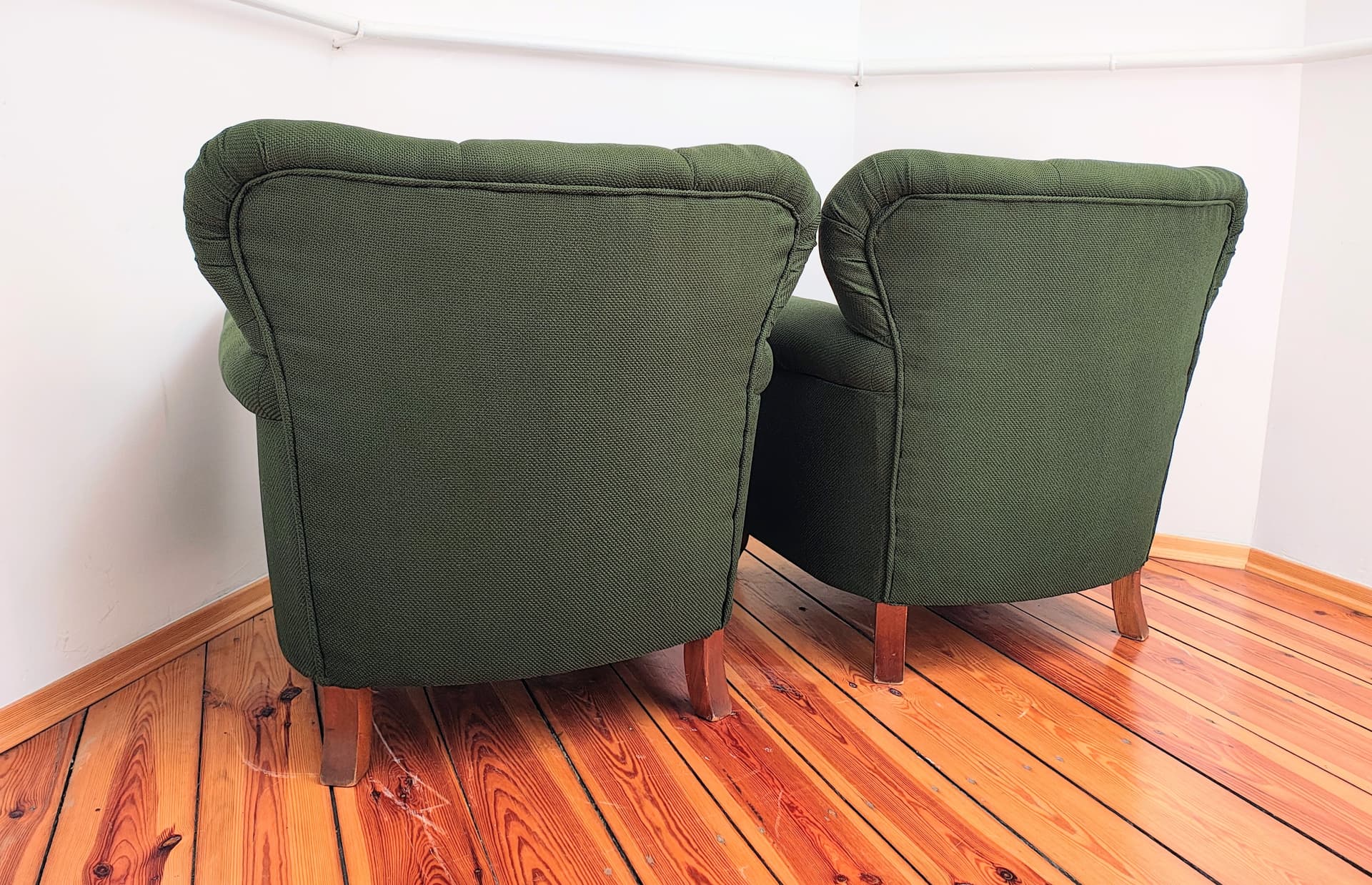 Pair of armchairs, bottle green fabric, brown wood, Czechoslovakia, 1960s. - 346441