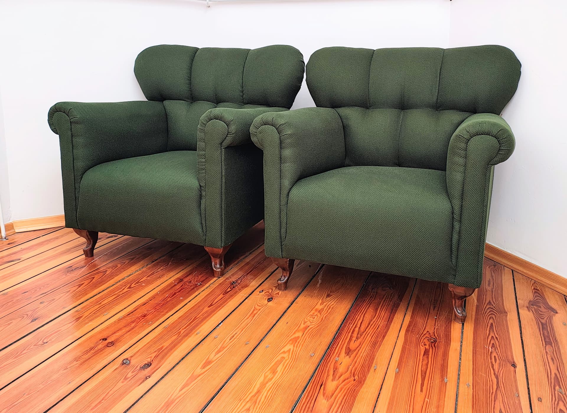 Pair of armchairs, bottle green fabric, brown wood, Czechoslovakia, 1960s. - 346433