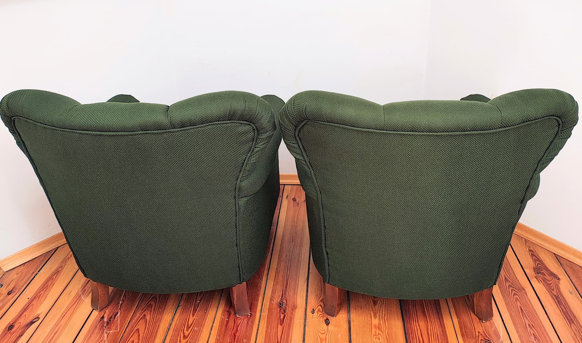 Pair of armchairs, bottle green fabric, brown wood, Czechoslovakia, 1960s. - 346439