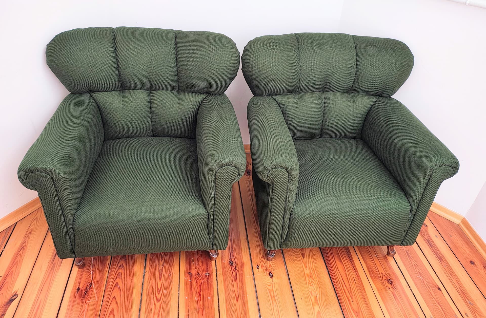 Pair of armchairs, bottle green fabric, brown wood, Czechoslovakia, 1960s. - 346435