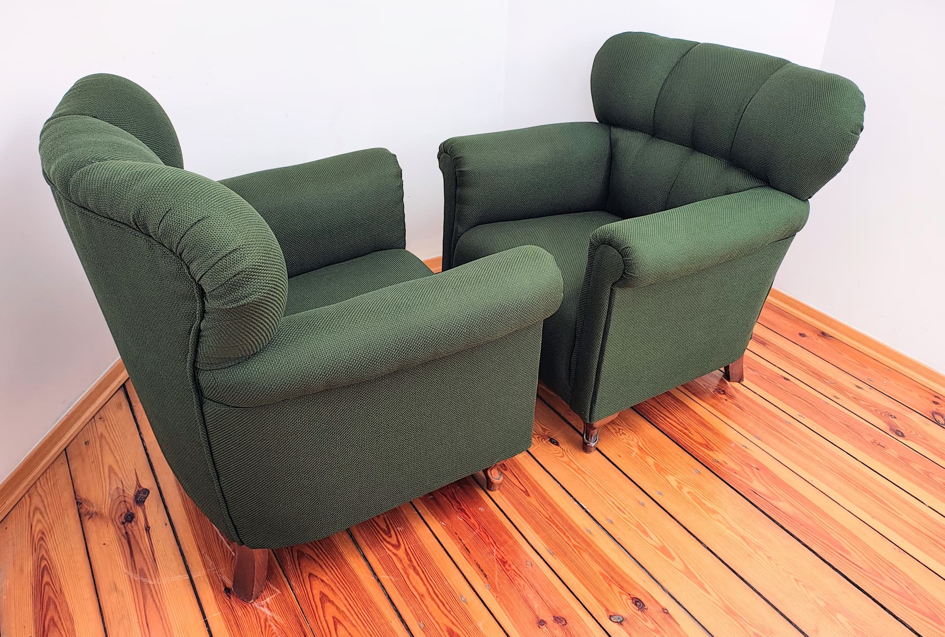 Pair of armchairs, bottle green fabric, brown wood, Czechoslovakia, 1960s. - 346438