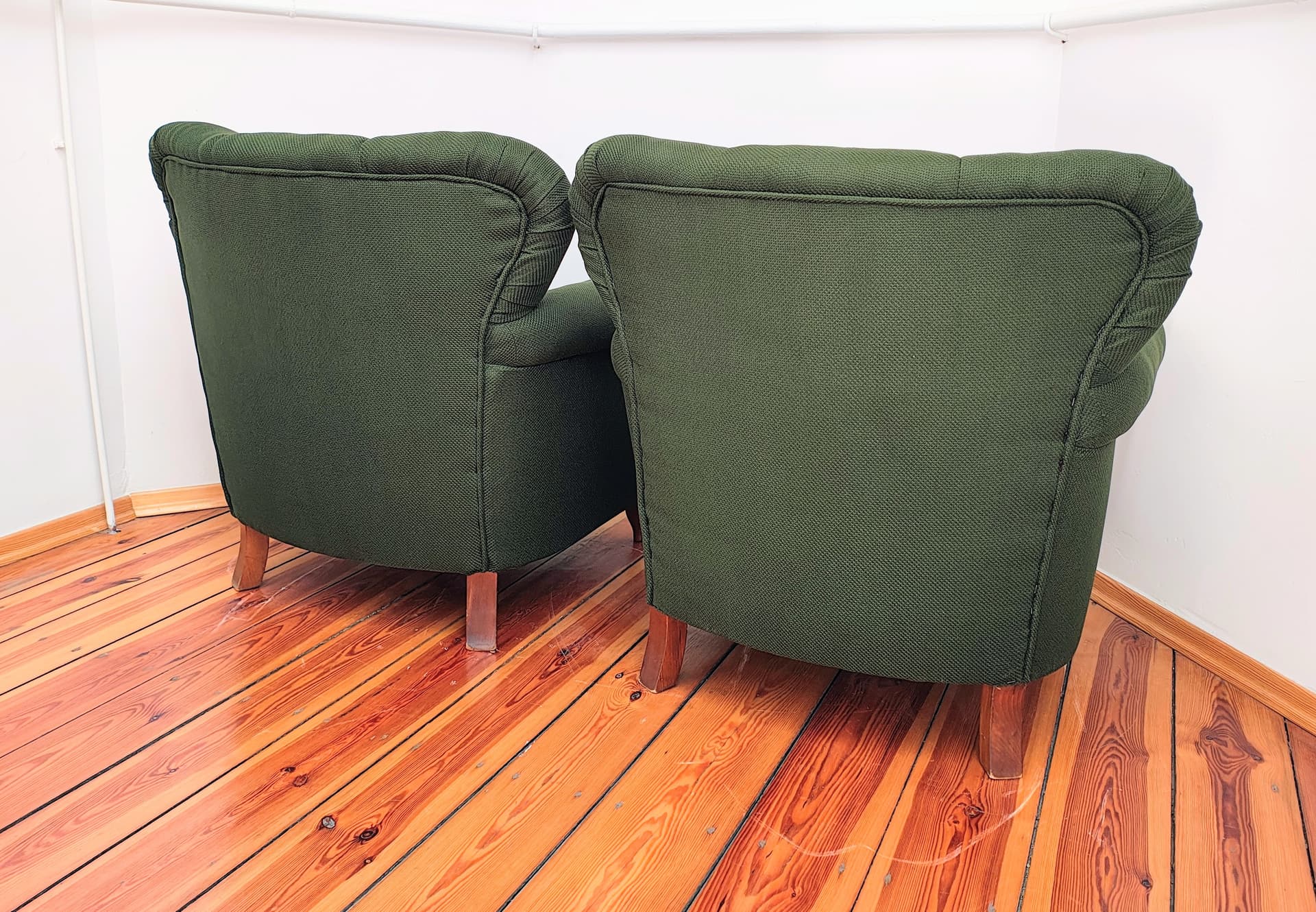 Pair of armchairs, bottle green fabric, brown wood, Czechoslovakia, 1960s. - 346440