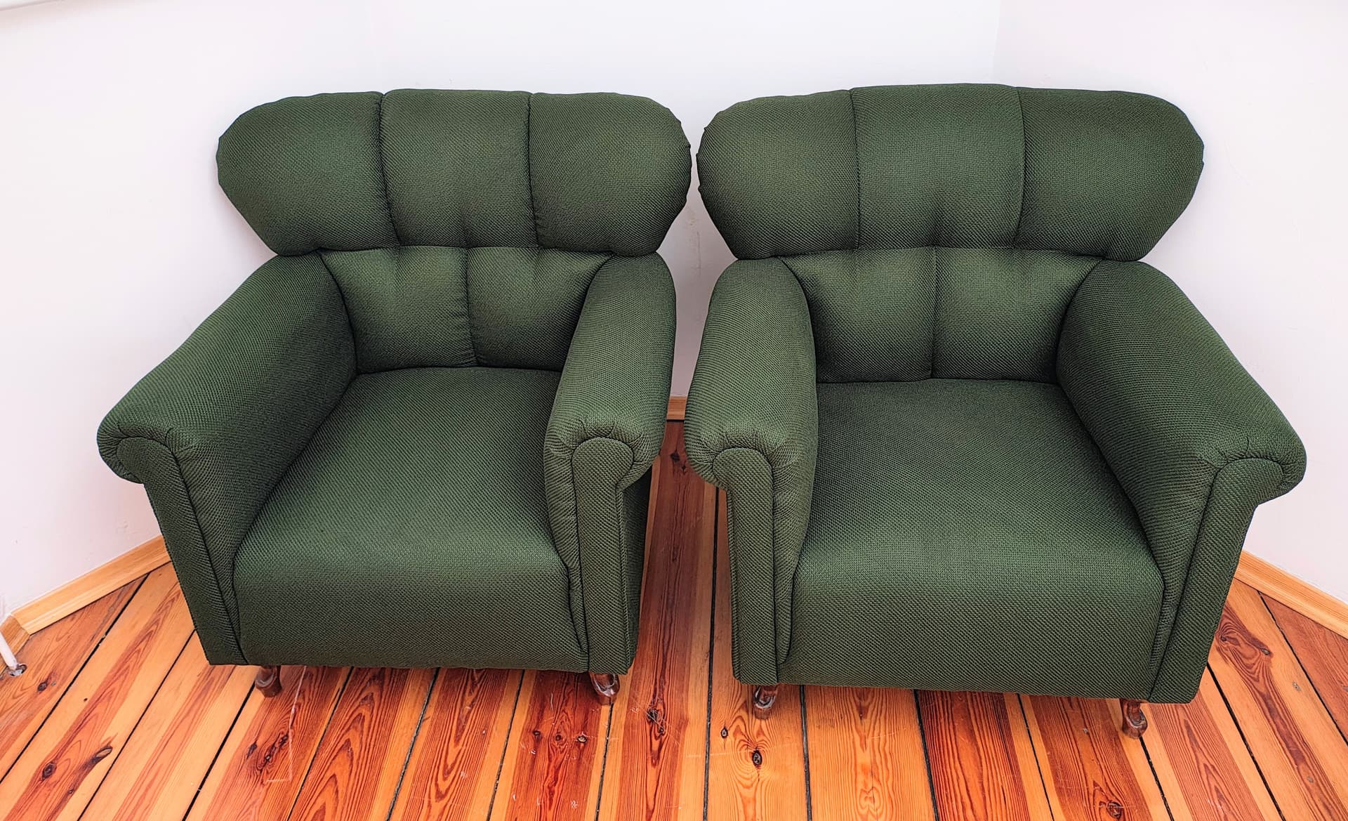 Pair of armchairs, bottle green fabric, brown wood, Czechoslovakia, 1960s. - 346432