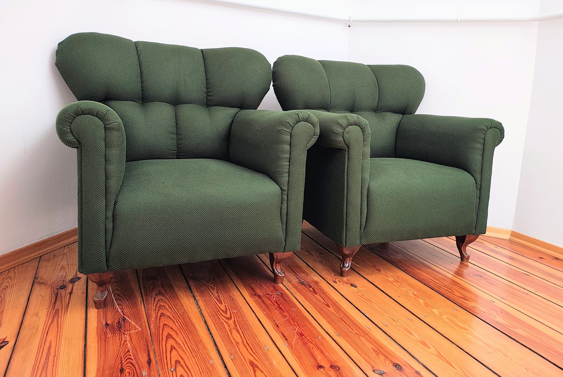 Pair of armchairs, bottle green fabric, brown wood, Czechoslovakia, 1960s. - 346434