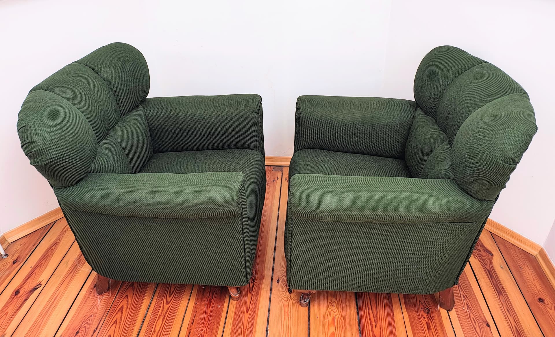 Pair of armchairs, bottle green fabric, brown wood, Czechoslovakia, 1960s. - 346436