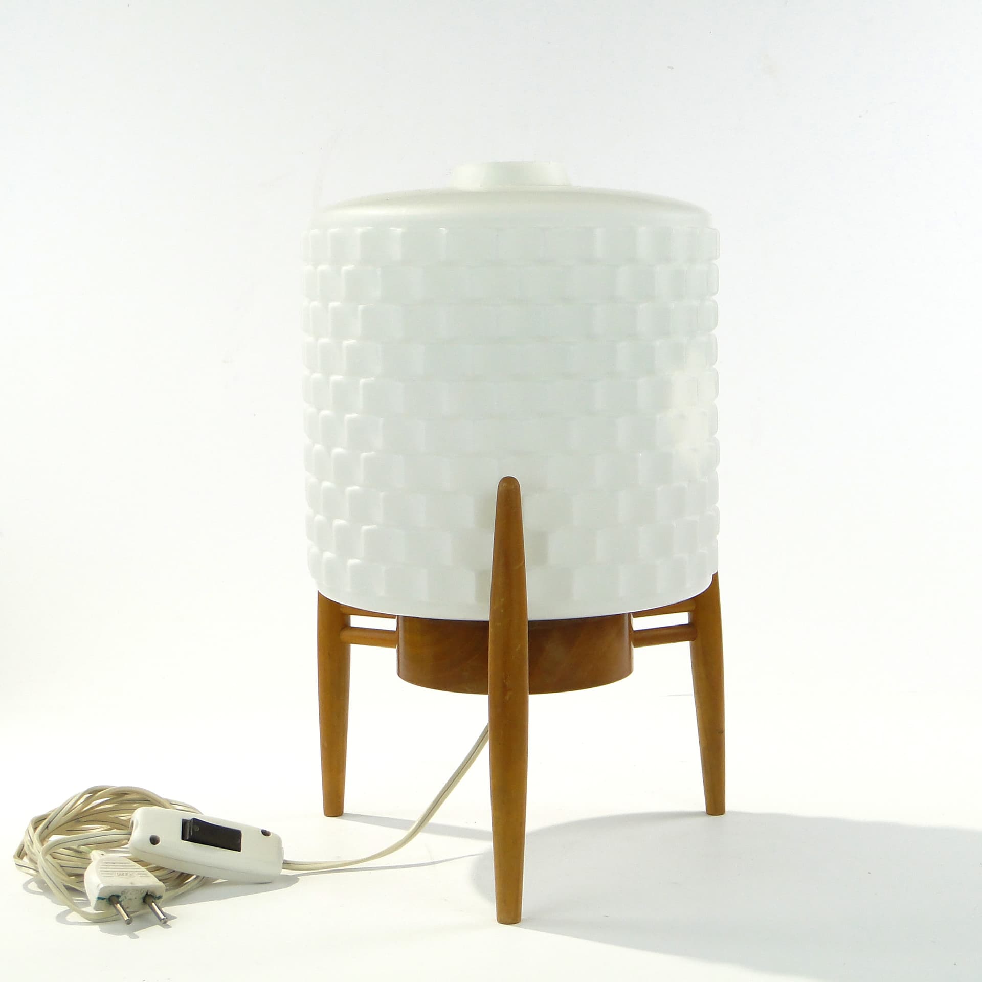Table lamp, white glass, light brown wood, Krásná Jizba & Kamenický Šenov, Czech Republic, 1950s