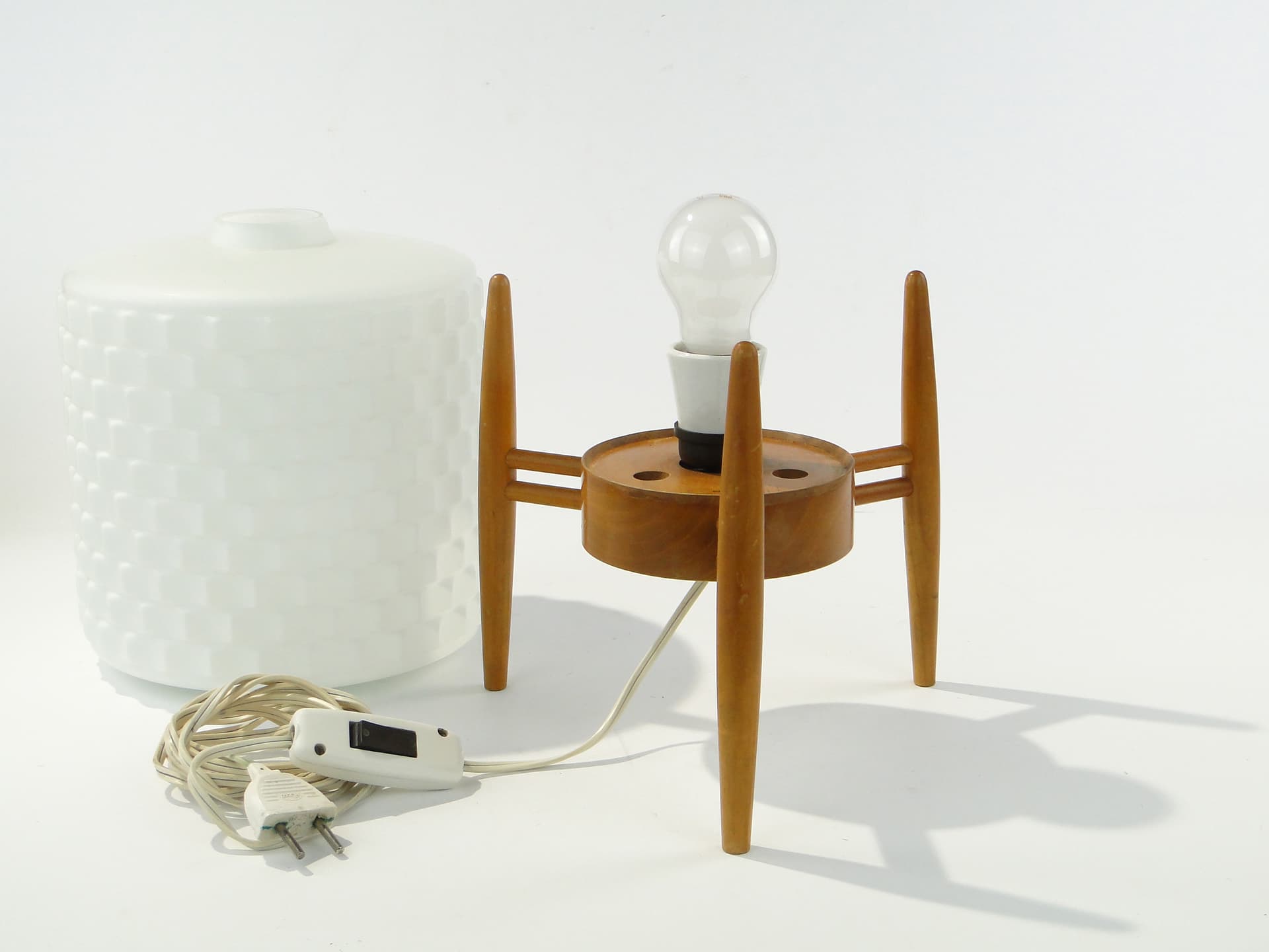 Table lamp, white glass, light brown wood, Krásná Jizba & Kamenický Šenov, Czech Republic, 1950s - 346468