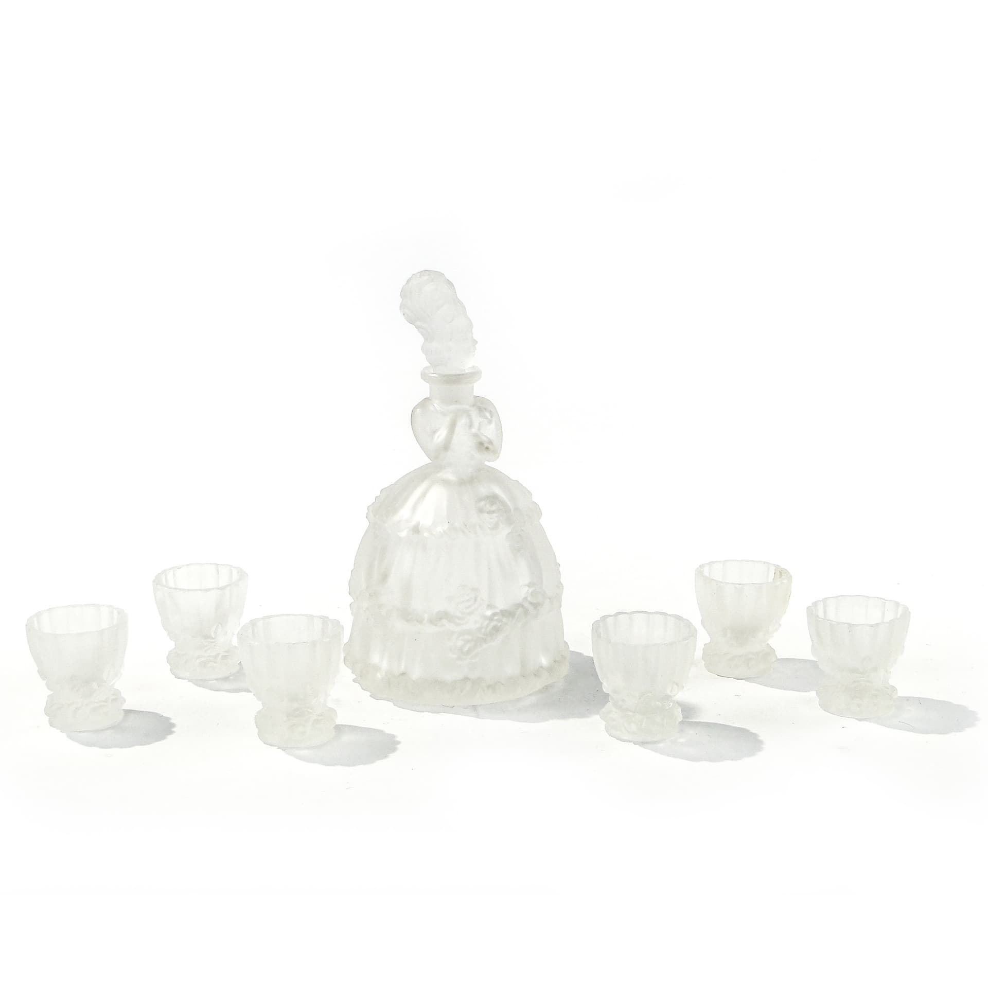 Liqueur set Dama w Krynolinie, Artico, white frosted glass, Vogel & Zappe, Czech Republic, 1920s - 346490