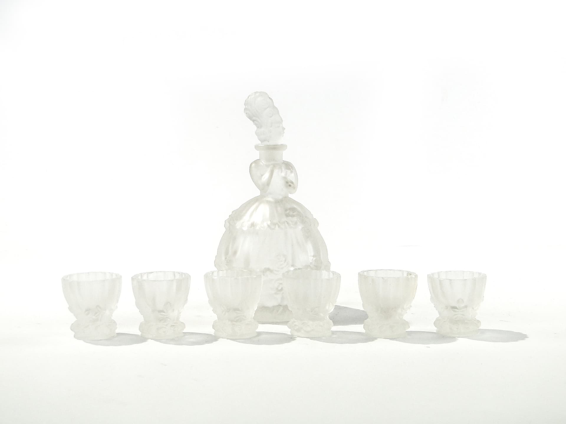 Liqueur set Dama w Krynolinie, Artico, white frosted glass, Vogel & Zappe, Czech Republic, 1920s