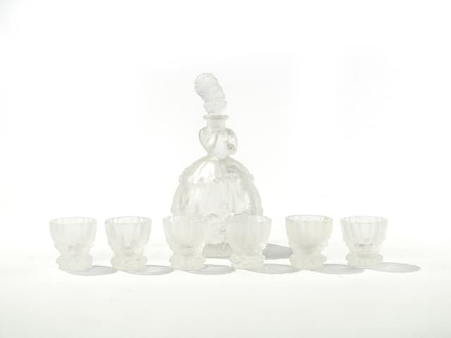 Liqueur set Dama w Krynolinie, Artico, white frosted glass, Vogel & Zappe, Czech Republic, 1920s - DIMENSION