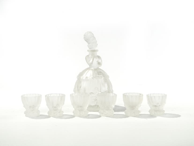 Liqueur set Dama w Krynolinie, Artico, white frosted glass, Vogel & Zappe, Czech Republic, 1920s